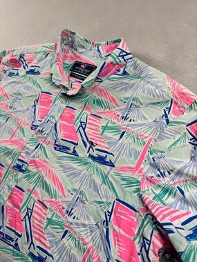 Vineyard Vines Mens XL Aqua Pink Classic Fit Whale Shirt Tropical Short Sleeve